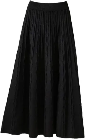 Women's Vintage Knitted Midi Skirt High Waist Pleated Sweater Skirt Winter Slim All Match A Line Skirts
