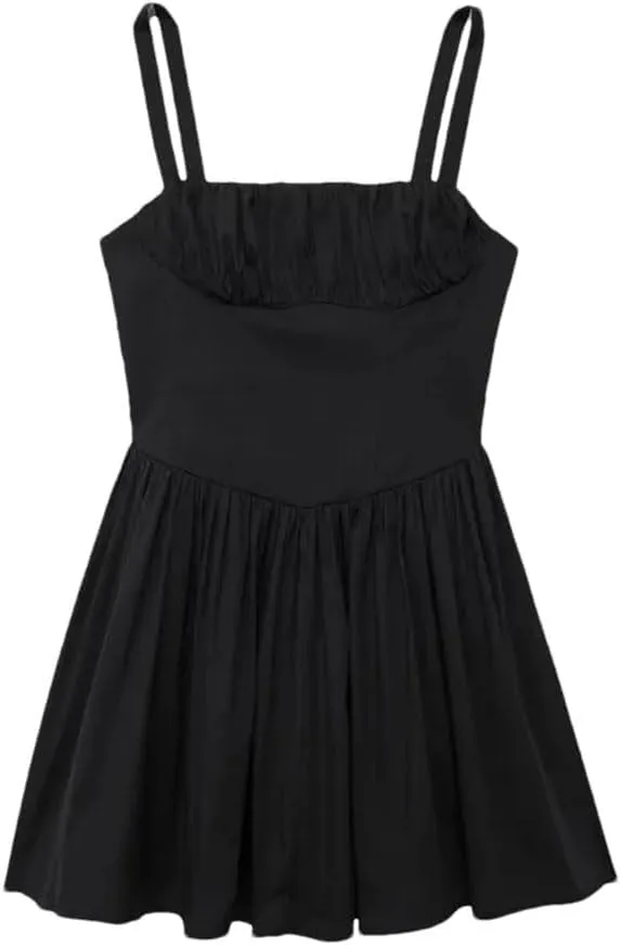 Women's Voluminous Skirt Dress Solid High Waisted Hidden Zip One Line Neck Strap Lining Skirt Chic Dress