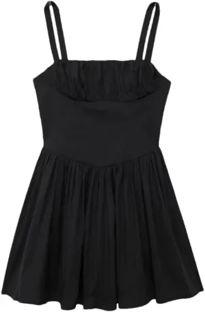 Women's Voluminous Skirt Dress Solid High Waisted Hidden Zip One Line Neck Strap Lining Skirt Chic Dress