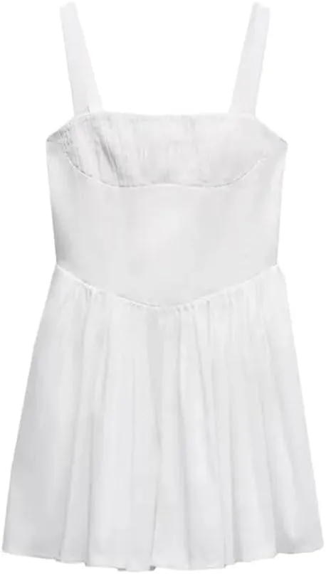 Women's Voluminous Skirt Dress Solid High Waisted Hidden Zip One Line Neck Strap Lining Skirt Chic Dress