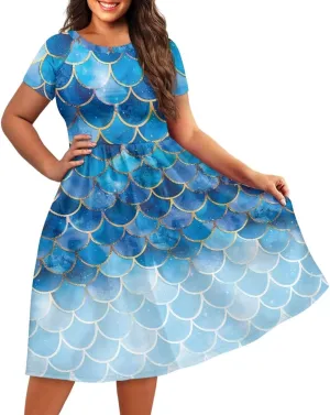 Women's Wide Collar Casual Dresses Scoop Neck Summer Sundress Short Sleeve A-Line Maxi Dress Plus Size