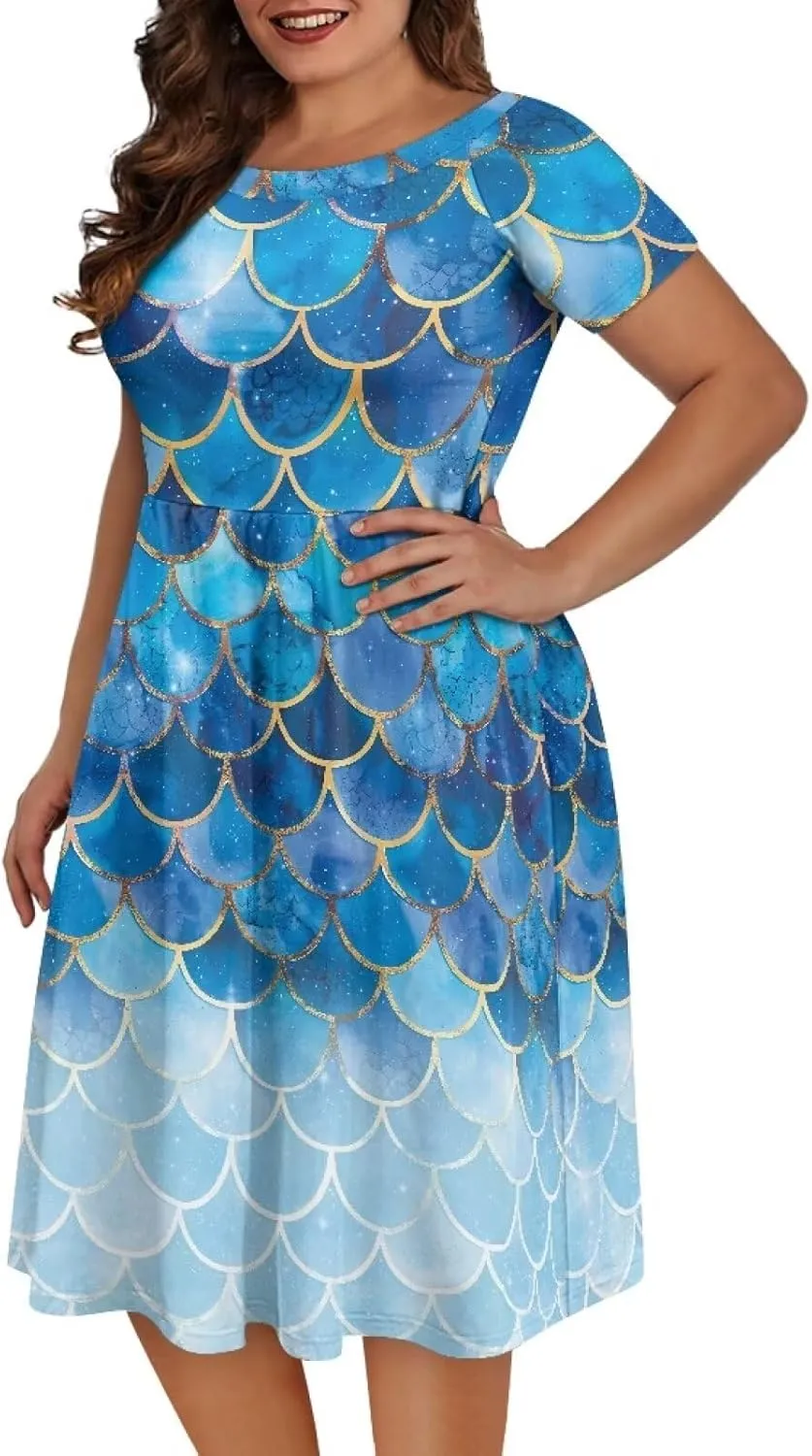 Women's Wide Collar Casual Dresses Scoop Neck Summer Sundress Short Sleeve A-Line Maxi Dress Plus Size