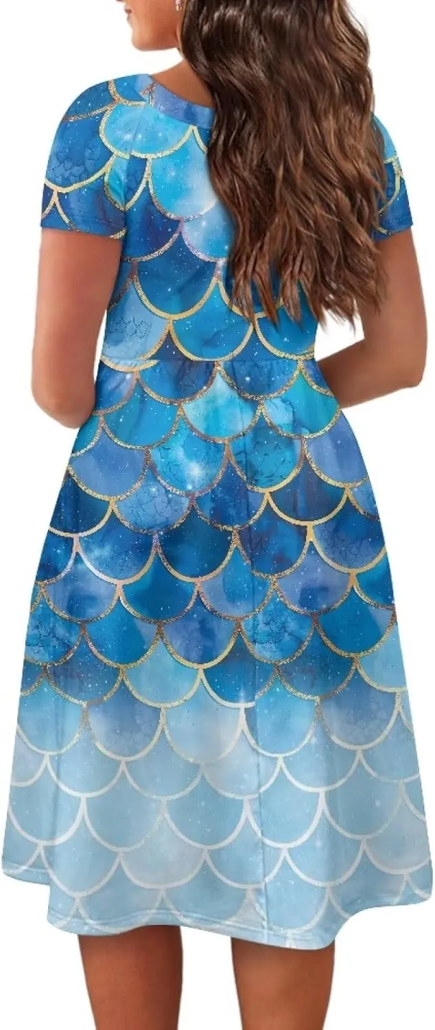Women's Wide Collar Casual Dresses Scoop Neck Summer Sundress Short Sleeve A-Line Maxi Dress Plus Size