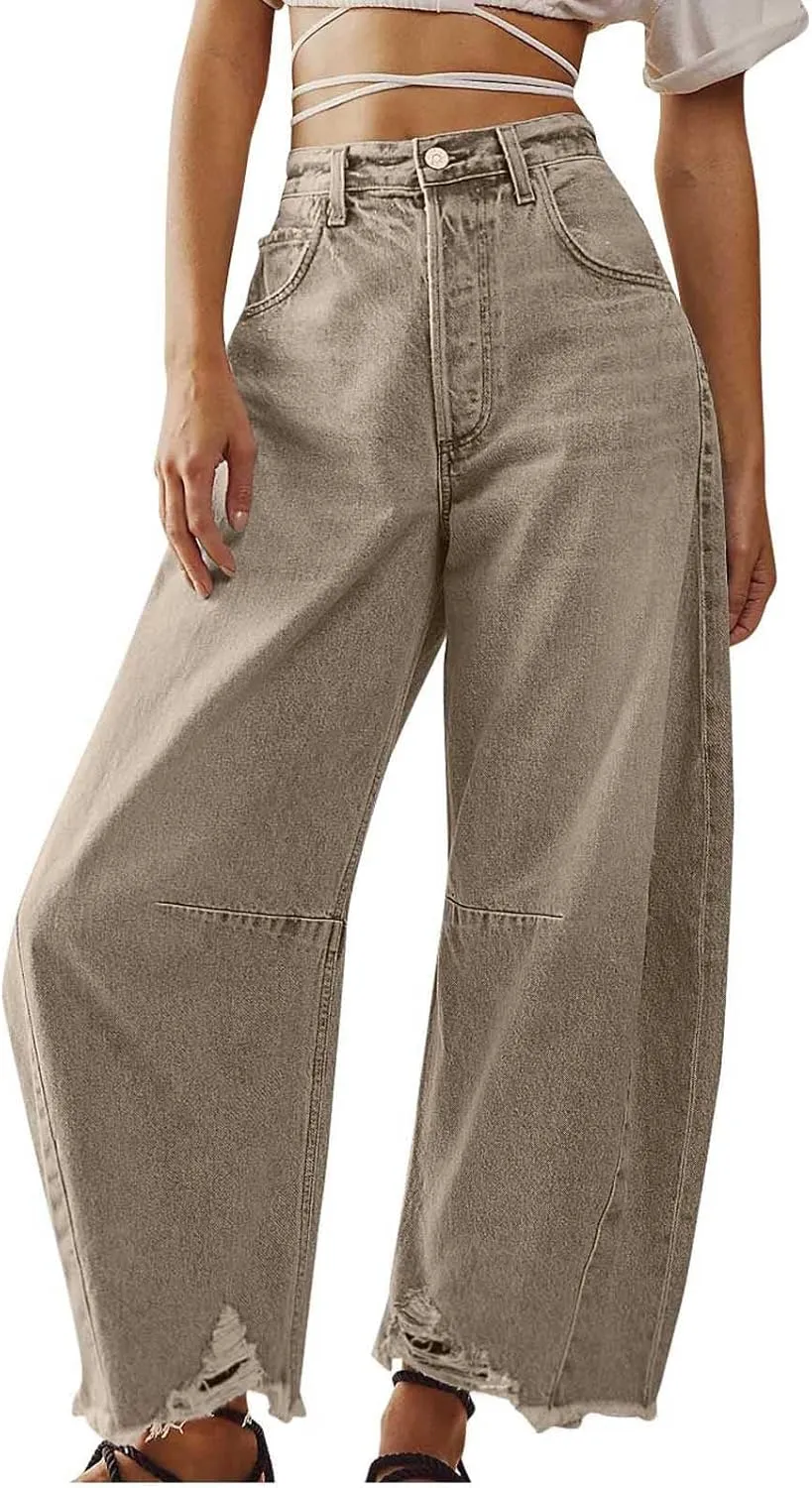 Womens Wide Leg Denim Jeans Button Zipper Frayed Hem Jeans Casual Wear High Waist Flattering Fit Baggy Flared Jeans