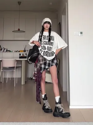 Women's Y2K Patchwork Plaid Asymmetrical Skirt Vintage Pleated High Waist Skirt Trendy Grunge Streetwear