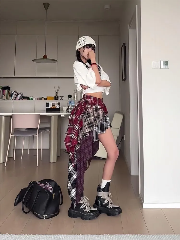 Women's Y2K Patchwork Plaid Asymmetrical Skirt Vintage Pleated High Waist Skirt Trendy Grunge Streetwear