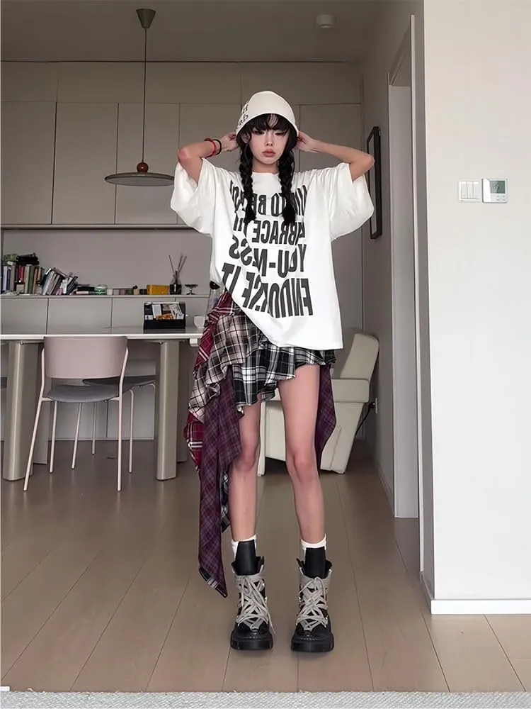 Women's Y2K Patchwork Plaid Asymmetrical Skirt Vintage Pleated High Waist Skirt Trendy Grunge Streetwear