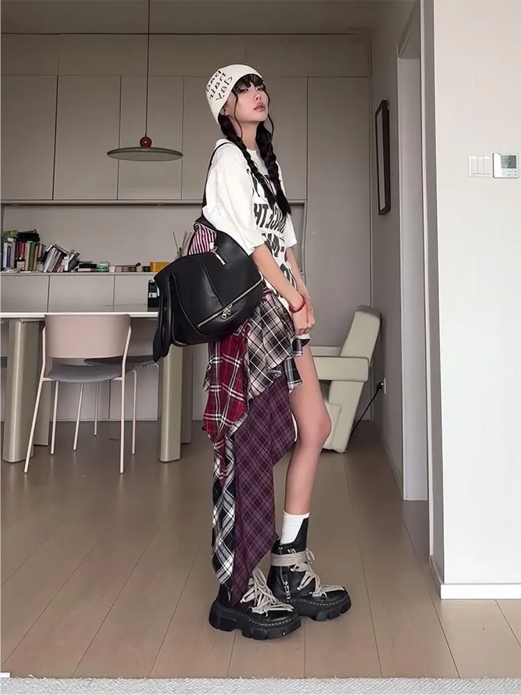 Women's Y2K Patchwork Plaid Asymmetrical Skirt Vintage Pleated High Waist Skirt Trendy Grunge Streetwear