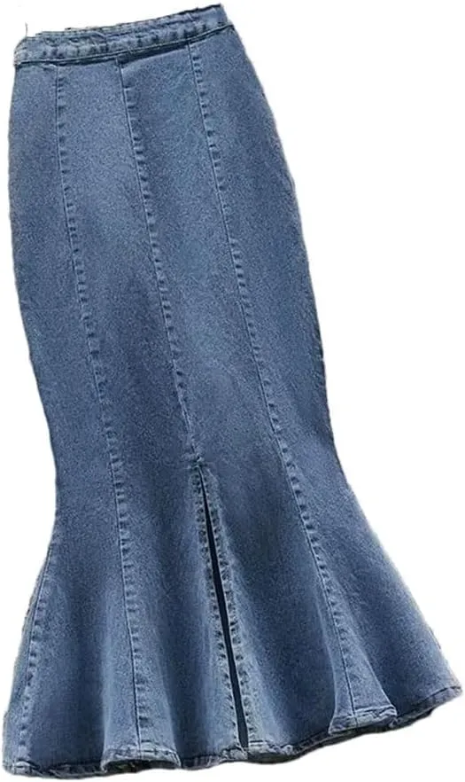 Women's Zippered Ruffled Denim Skirt High Waisted Mid-Length Casual and Comfortable Denim Skirt