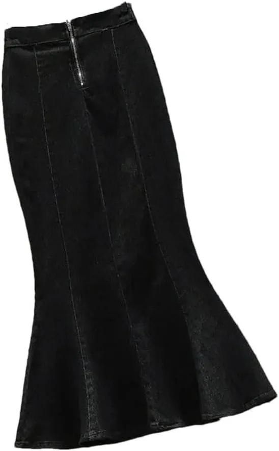Women's Zippered Ruffled Denim Skirt High Waisted Mid-Length Casual and Comfortable Denim Skirt