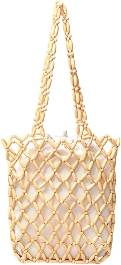 Wooden Bead Purses for Women Beaded Hobo Tote Purse Straw Bag Chic Hollow-out Handbag Beach Travel 2025
