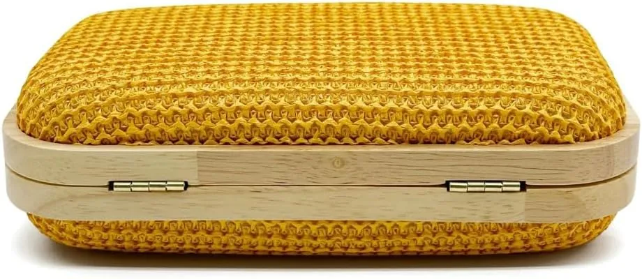 Wooden Clutch Purse for Women Straw Woven Evening Bag 2025 Bright Color Straw Handbag Chain Shoulder Bag for Party Prom