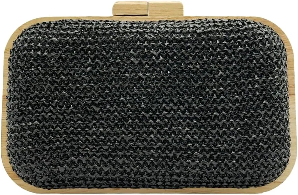 Wooden Clutch Purse for Women Straw Woven Evening Bag 2025 Bright Color Straw Handbag Chain Shoulder Bag for Party Prom