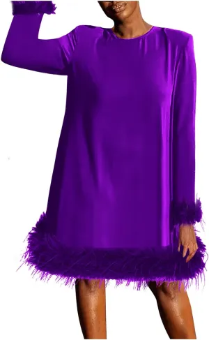XUNRYAN Womens Feather Dress Trendy Long Sleeve Plus Size Elegant Formal Faux-Fur Trim Flowy Casual Cute Party Midi Dress