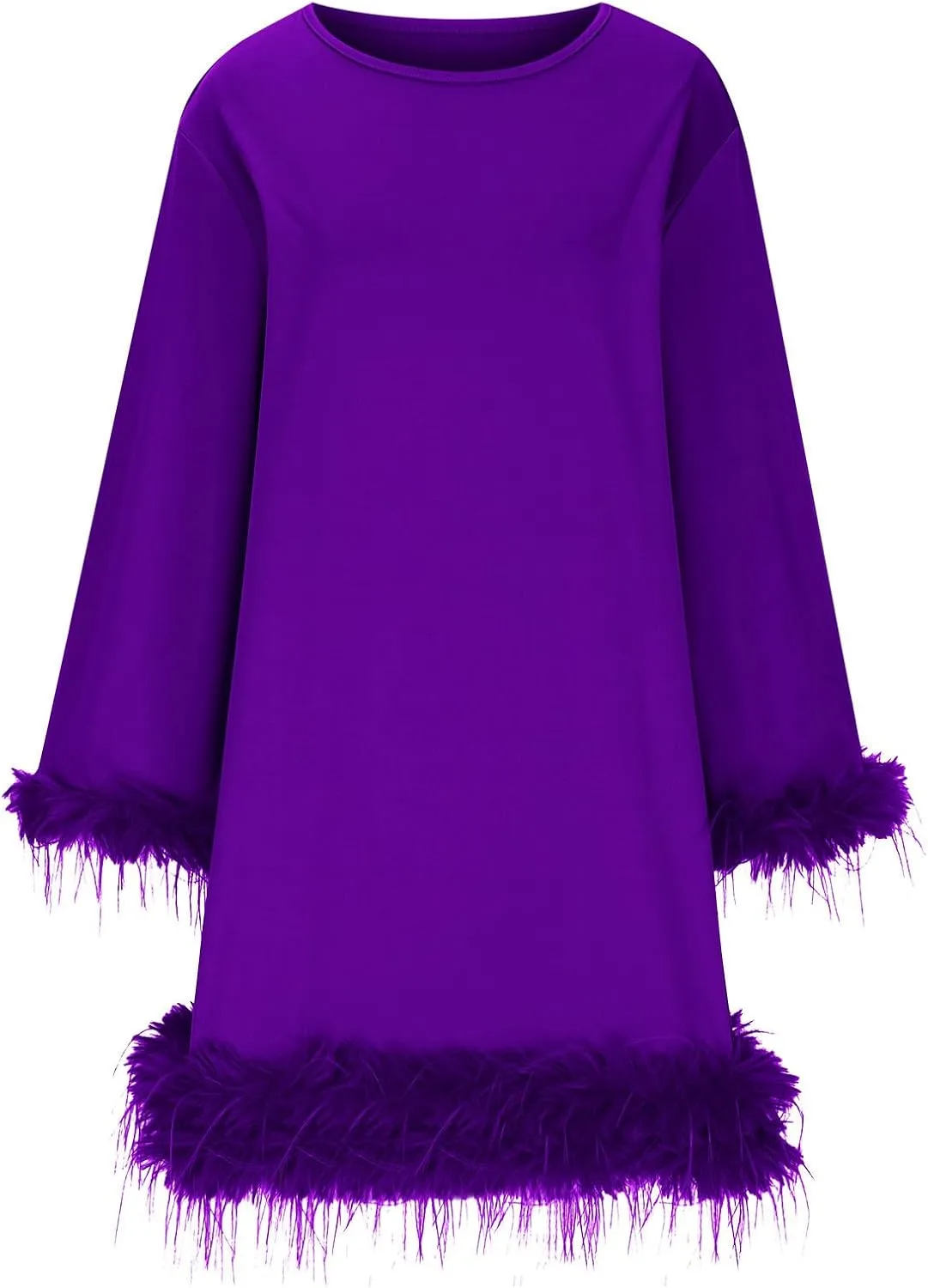 XUNRYAN Womens Feather Dress Trendy Long Sleeve Plus Size Elegant Formal Faux-Fur Trim Flowy Casual Cute Party Midi Dress