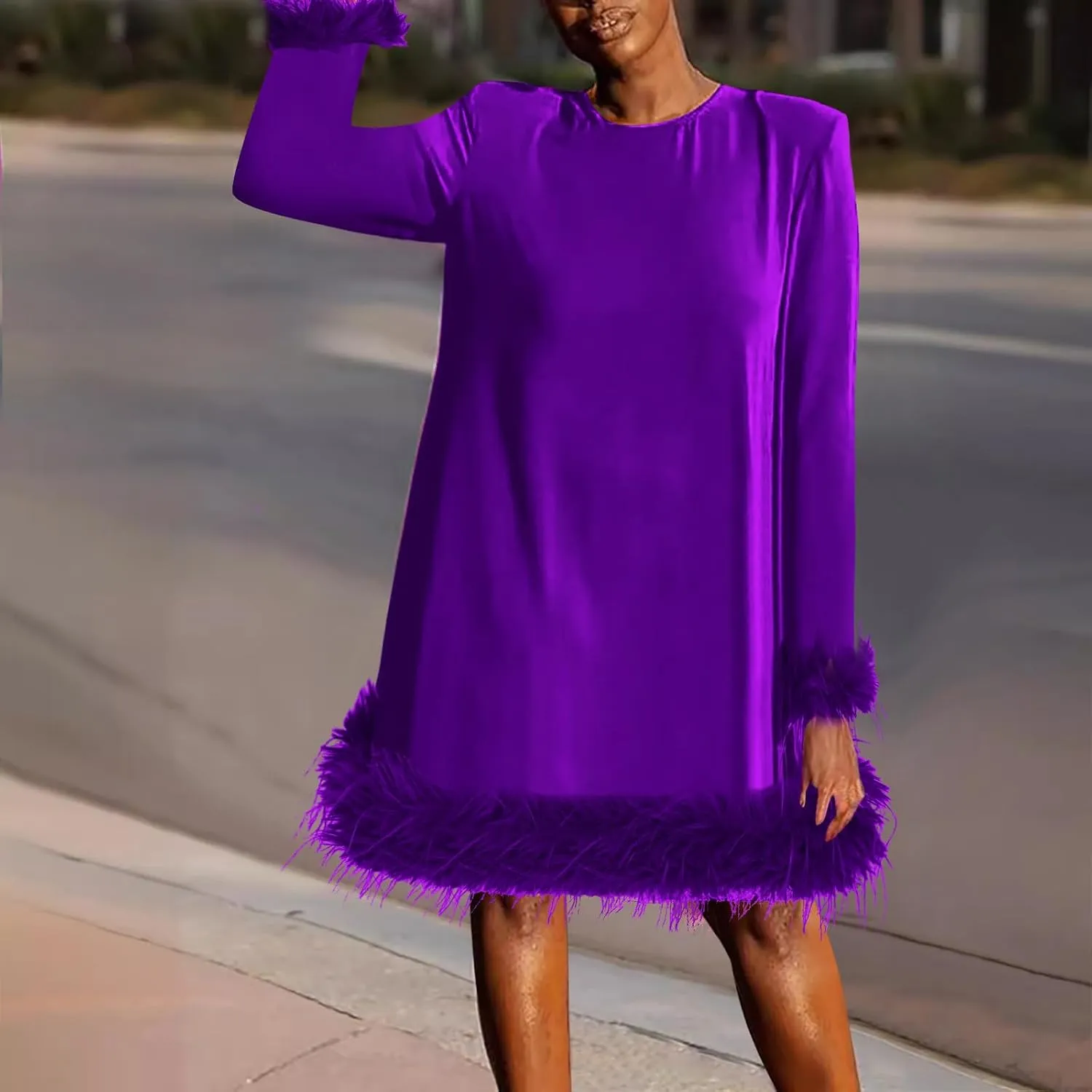XUNRYAN Womens Feather Dress Trendy Long Sleeve Plus Size Elegant Formal Faux-Fur Trim Flowy Casual Cute Party Midi Dress