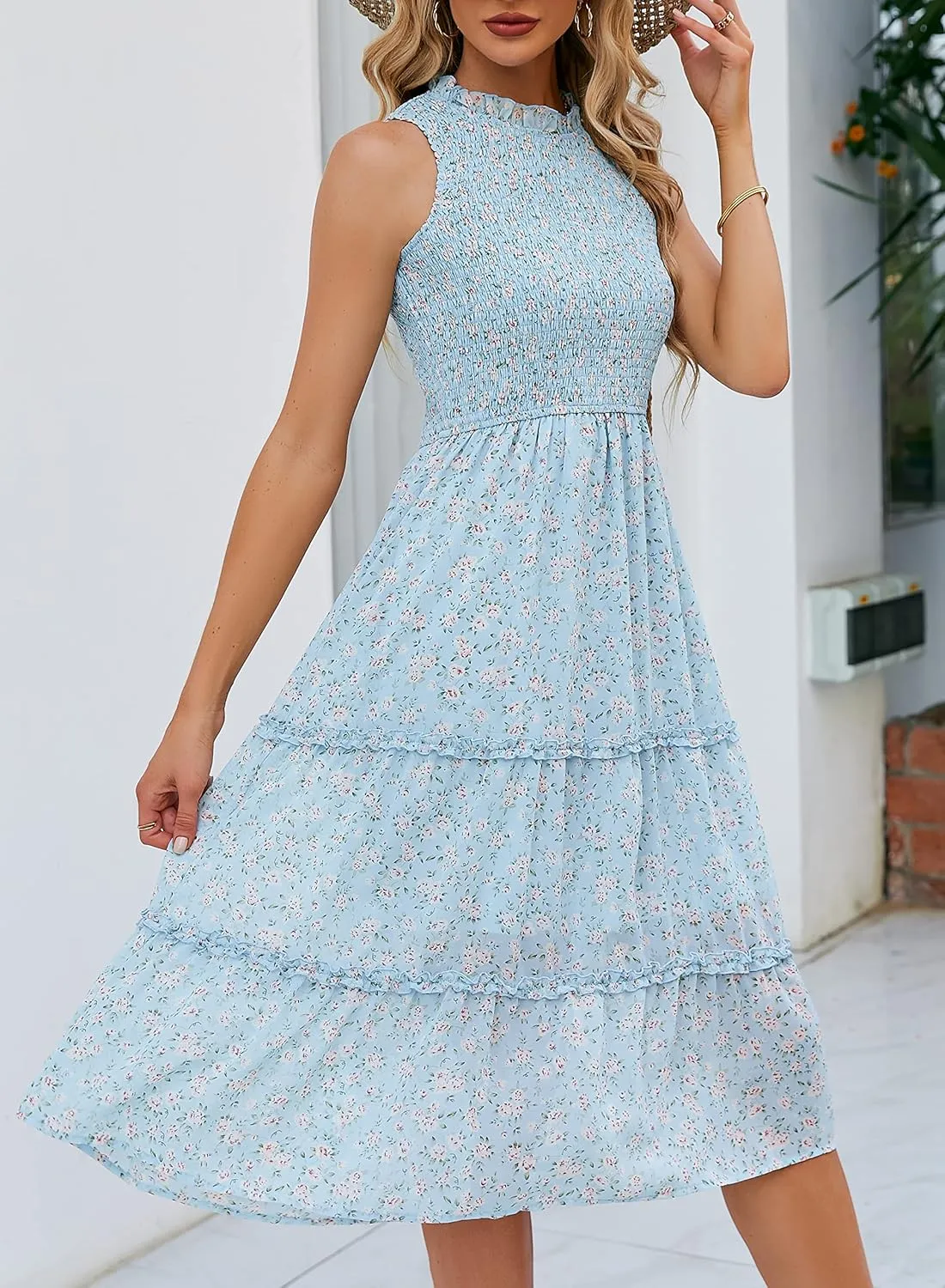 YATHON Women's Summer Casual Floral Sundress Halter Neck A-Line Elastic Waist Tiered Ruffle Cocktail Party Midi Swing Dresses