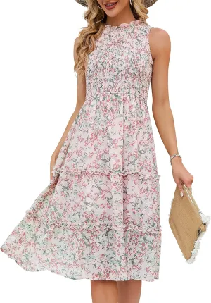YATHON Women's Summer Casual Floral Sundress Halter Neck A-Line Elastic Waist Tiered Ruffle Cocktail Party Midi Swing Dresses