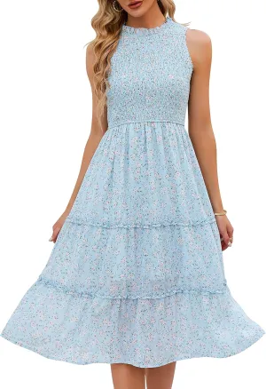 YATHON Women's Summer Casual Floral Sundress Halter Neck A-Line Elastic Waist Tiered Ruffle Cocktail Party Midi Swing Dresses