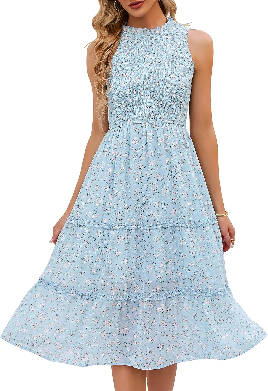 YATHON Women's Summer Casual Floral Sundress Halter Neck A-Line Elastic Waist Tiered Ruffle Cocktail Party Midi Swing Dresses