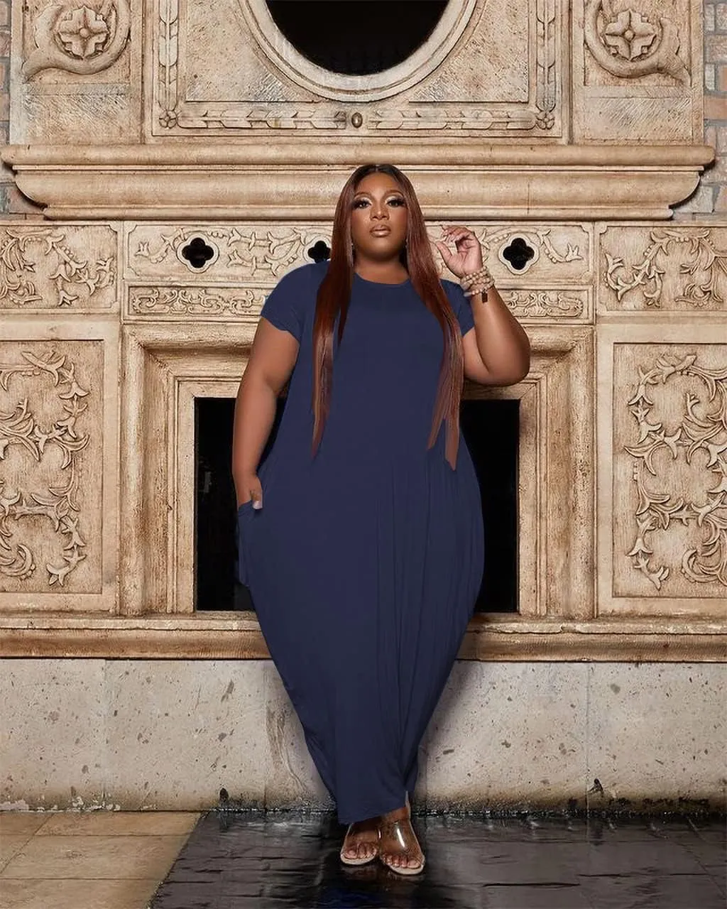 YeGine Oversize Tshirt Dress Plus Size Short Sleeve Maxi Dress with Pockets