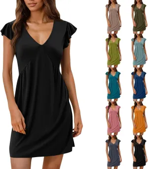 YUTANRAL Summer Dresses for Women 2025 Trendy V Neck Cap Sleeve Sundresses Casual Beach Dresses Cover Ups with Pockets