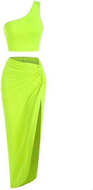 ZAFUL Women's One Shoulder Two Piece Tank Dress Rib-Knit Twist Split Side Slinky Solid Crop Top and Draped Ruched Maxi Skirt Set (M-Neon Green, XL)